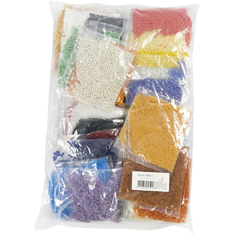 Rocaiperler, diam. 1,7+3+4 mm, str. 6/0+8/0+12/0, hulstr. 0,5-1,2 mm, Farve kan variere, 32x100 g/ 1 pk.