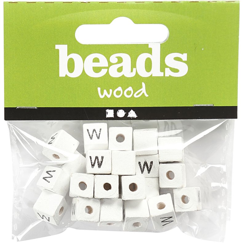 Bogstavperle, W, str. 8x8 mm, hulstr. 3 mm, hvid, 25 stk./ 1 pk.