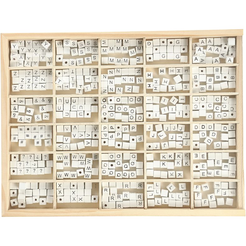 Bogstavperle, A-Z, &, #, ?, str. 8x8 mm, hulstr. 3 mm, hvid, 750 ass./ 1 pk.