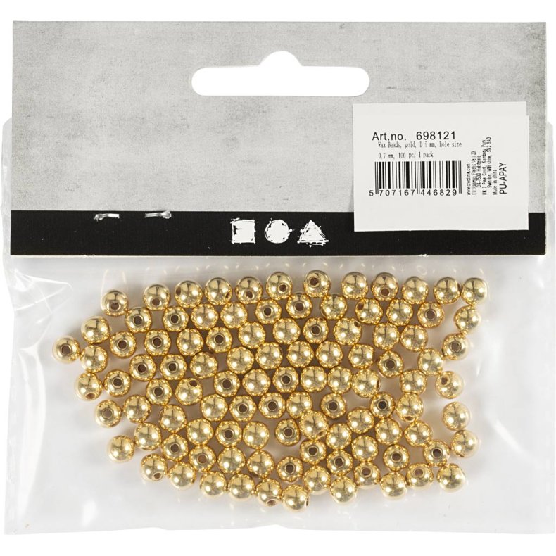 Voksperler, diam. 5 mm, hulstr. 0,7 mm, guld, 100 stk./ 1 pk.