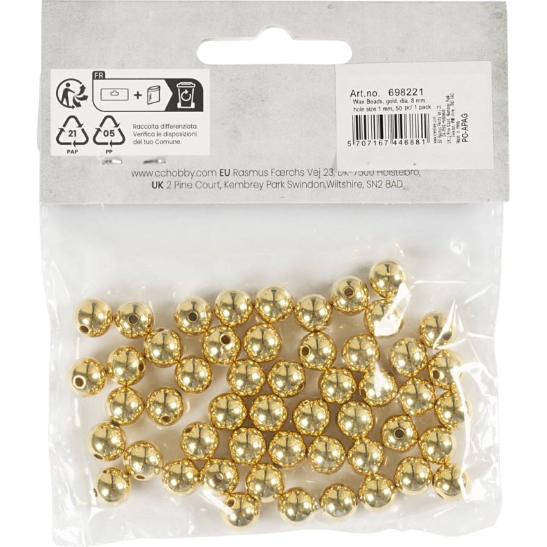Voksperler, diam. 8 mm, hulstr. 1 mm, guld, 50 stk./ 1 pk.