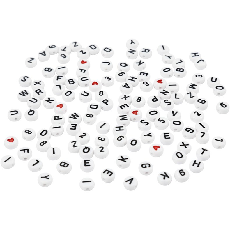 Bogstavperler, str. 7 mm, hulstr. 1,2 mm, hvid, 25 g/ 1 pk.