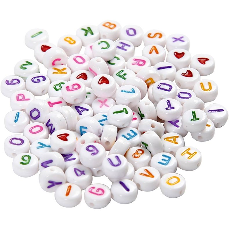 Bogstavperler, str. 7 mm, hulstr. 1,2 mm, hvid, 25 g/ 1 pk.