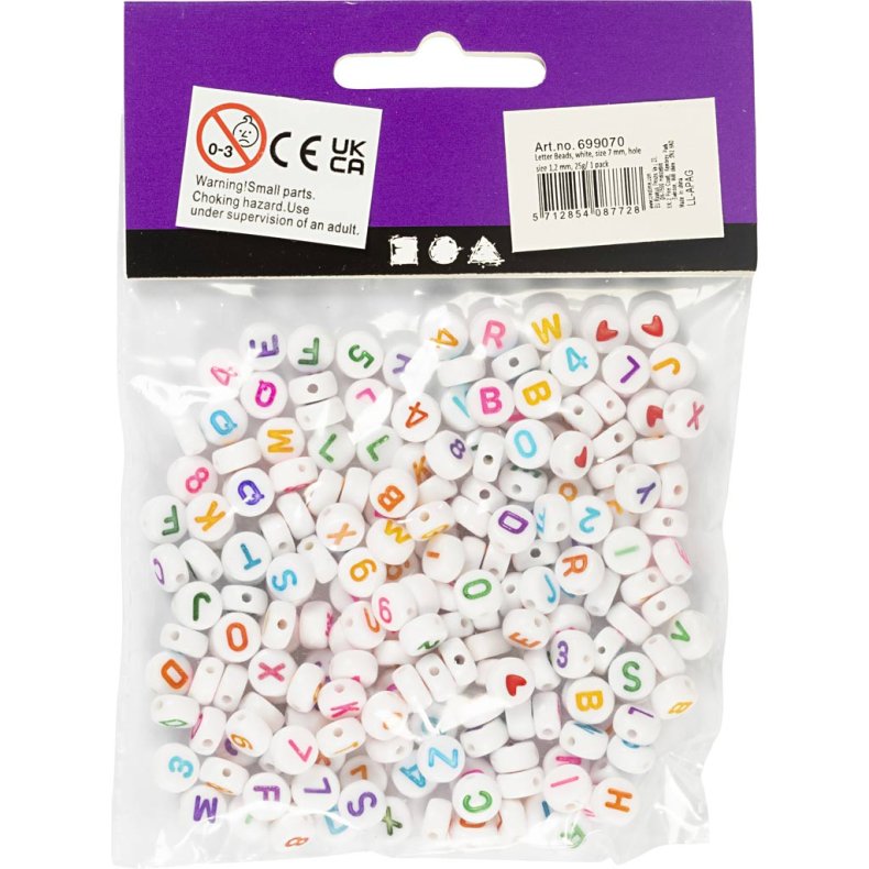 Bogstavperler, str. 7 mm, hulstr. 1,2 mm, ca. 200 stk., hvid, 25 g/ 1 pk.