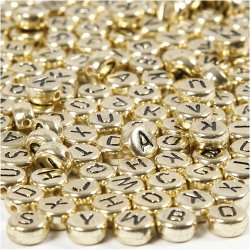 Bogstavperler, diam. 7 mm, hulstr. 1,2 mm, ca. 200 stk., guld, 21 g/ 1 pk.
