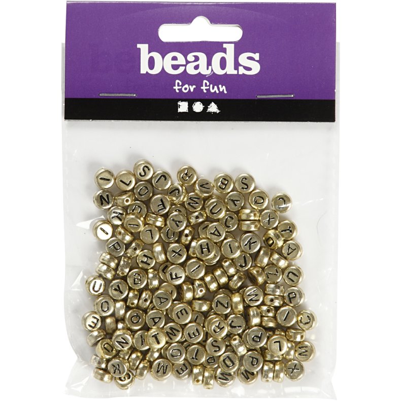 Bogstavperler, diam. 7 mm, hulstr. 1,2 mm, ca. 200 stk., guld, 21 g/ 1 pk.