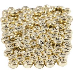 Bogstavperler, diam. 7 mm, hulstr. 1 mm, ca. 1500 stk., guld, 165 g/ 1 pk.