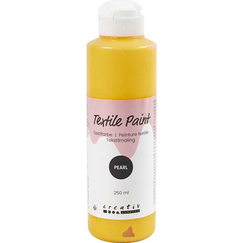 Tekstilmaling, perlemor, d&aelig;kkende, gul, 250 ml/ 1 fl.