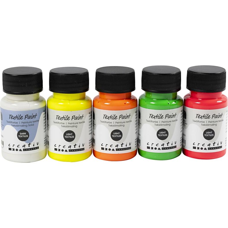 Tekstilmaling, halvd&aelig;kkende, ass. farver, 5x50 ml/ 1 pk.