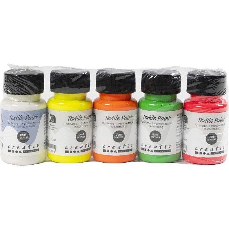 Tekstilmaling, halvd&aelig;kkende, ass. farver, 5x50 ml/ 1 pk.