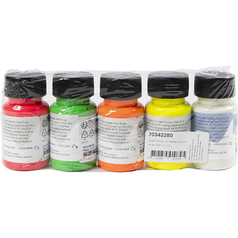 Tekstilmaling, halvd&aelig;kkende, ass. farver, 5x50 ml/ 1 pk.
