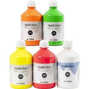 Tekstilmaling, halvd&aelig;kkende, ass. farver, 5x500 ml/ 1 pk.