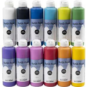Tekstilmaling Solid, d&aelig;kkende, ass. farver, 12x250 ml/ 1 pk.