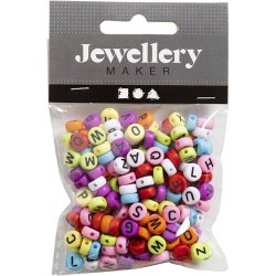 Runde bogstavperler, diam. 7 mm, hulstr. 1-2 mm, ca. 200 stk., ass. farver, 25 g/ 1 pk.