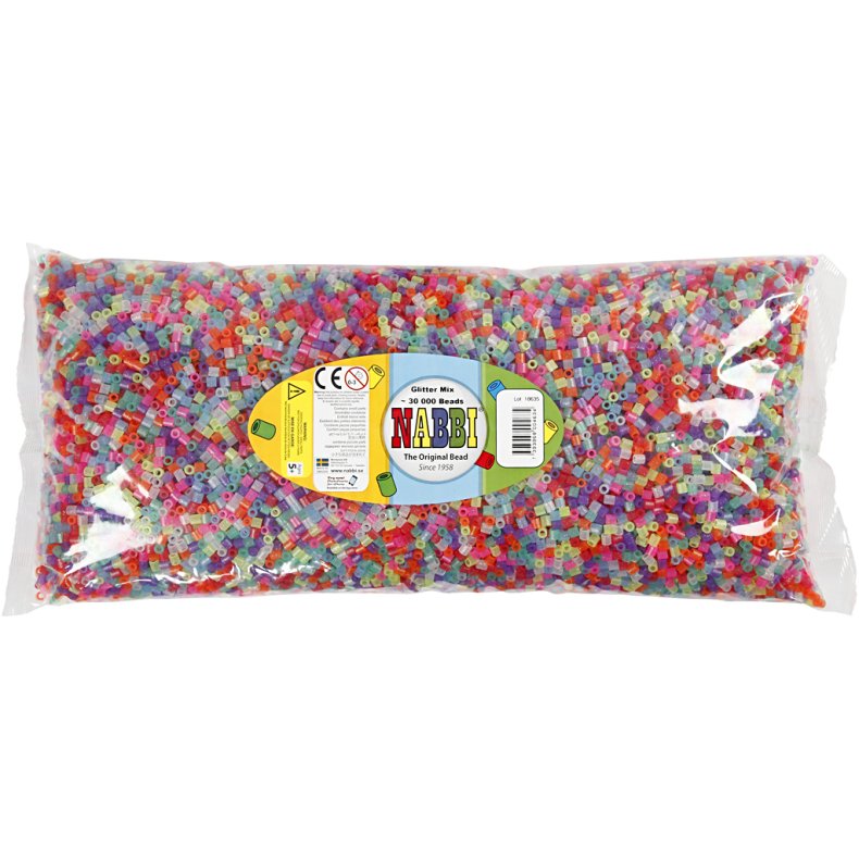 R&oslash;rperler, str. 5x5 mm, hulstr. 2,5 mm, medium, glitterfarver, 30000 ass./ 1 pk.