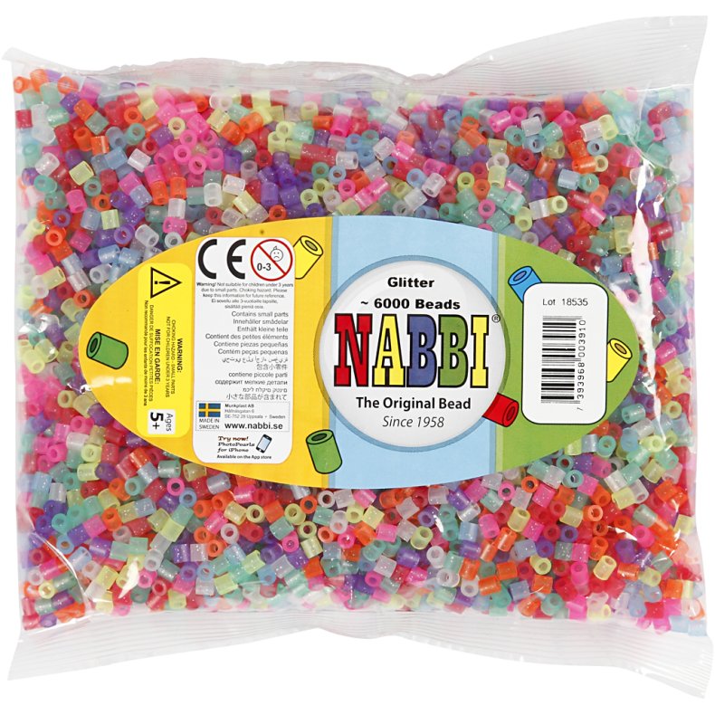 R&oslash;rperler, str. 5x5 mm, hulstr. 2,5 mm, medium, glitterfarver, 6000 stk./ 1 pk.