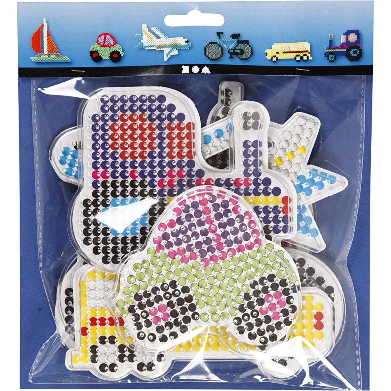 Perleplade, bil, fly, b&aring;d, traktor, bus og cykel, str. 9x9,5+11x16 cm, medium, 6 stk./ 1 pk.