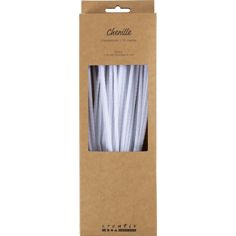 Chenille, L: 30 cm, tykkelse 4 mm, hvid, 50 stk./ 1 pk.