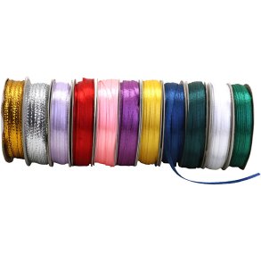 Satinbånd, B: 3+3,5 mm, ass. farver, 11x30m/ 1 pk., 330 m