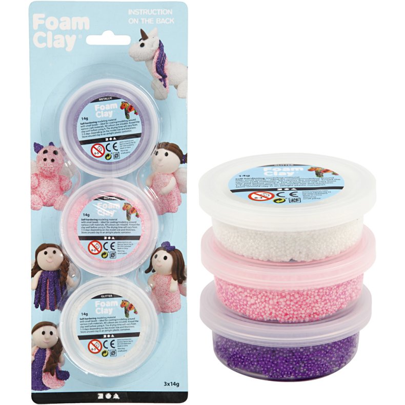 Foam Clay&reg;, glitter,metallic, pink, lilla, hvid, 3x14g/ 1 pk.