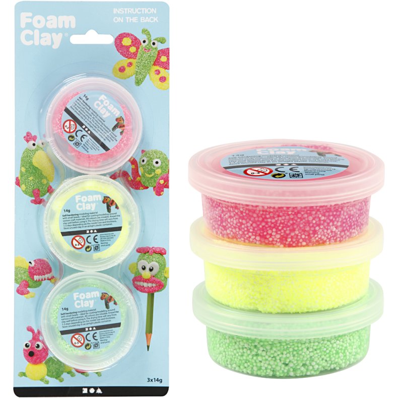 Foam Clay&reg;, lys gr&oslash;n, neon pink, neon gul, 3x14g/ 1 pk.