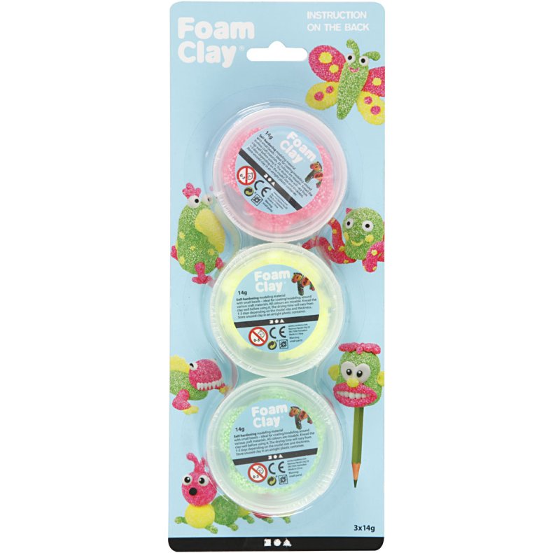 Foam Clay&reg;, lys gr&oslash;n, neon pink, neon gul, 3x14 g/ 1 pk.