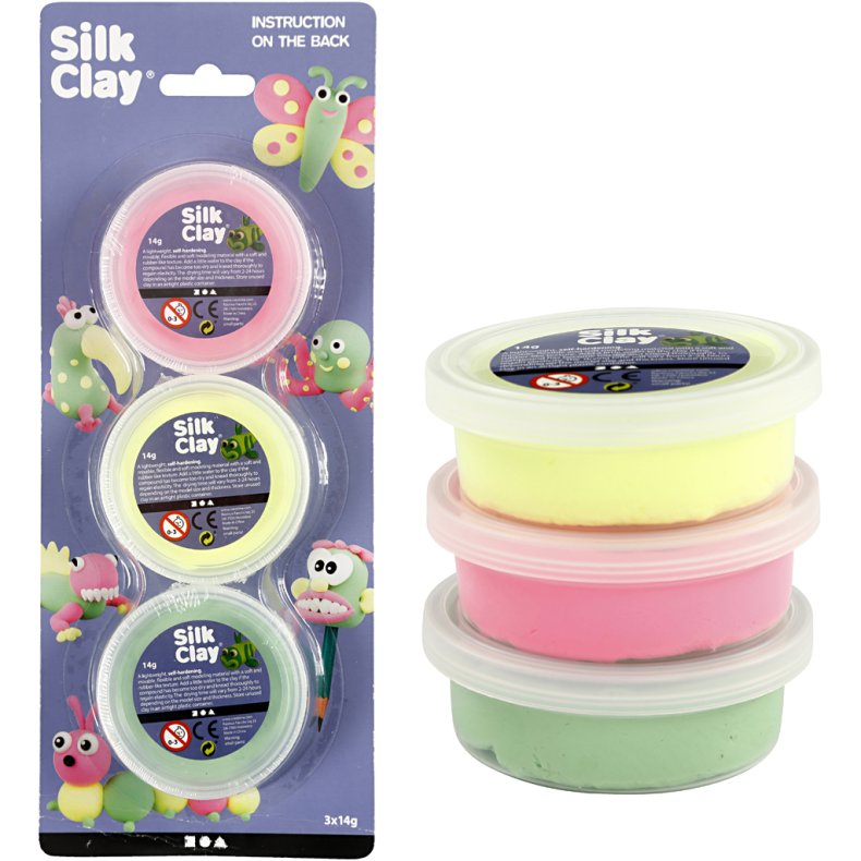 Silk Clay&reg;, lys gr&oslash;n, neon pink, neon gul, 3x14g/ 1 pk.