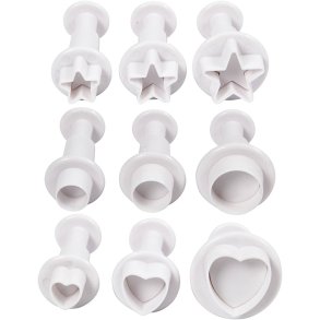 Udstikkere med præg, stjerne, cirkel, hjerte, diam. 1,1-3, hvid, 9 stk./ 1 pk.