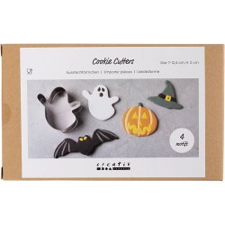 Udstiksforme, Sp&oslash;gelse, gr&aelig;skar, heksehat, flagermus, H: 2 cm, str. 7-12,4 cm, 4 stk./ 1 pk.