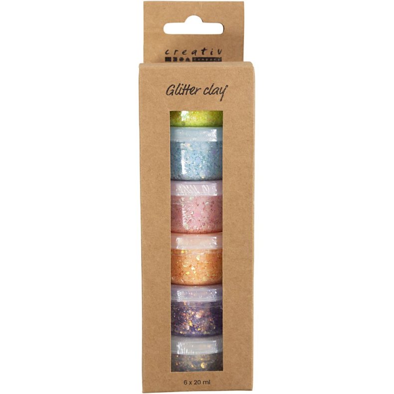 Glitter Clay, pastelfarver, 6x20 g/ 1 pk.