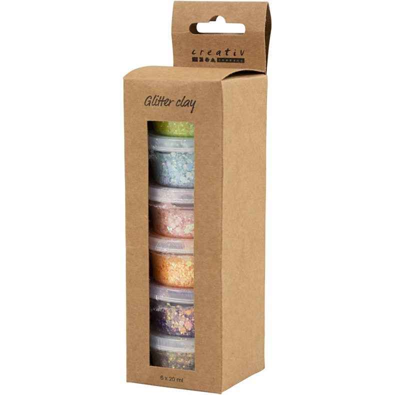 Glitter Clay, pastelfarver, 6x20 g/ 1 pk.