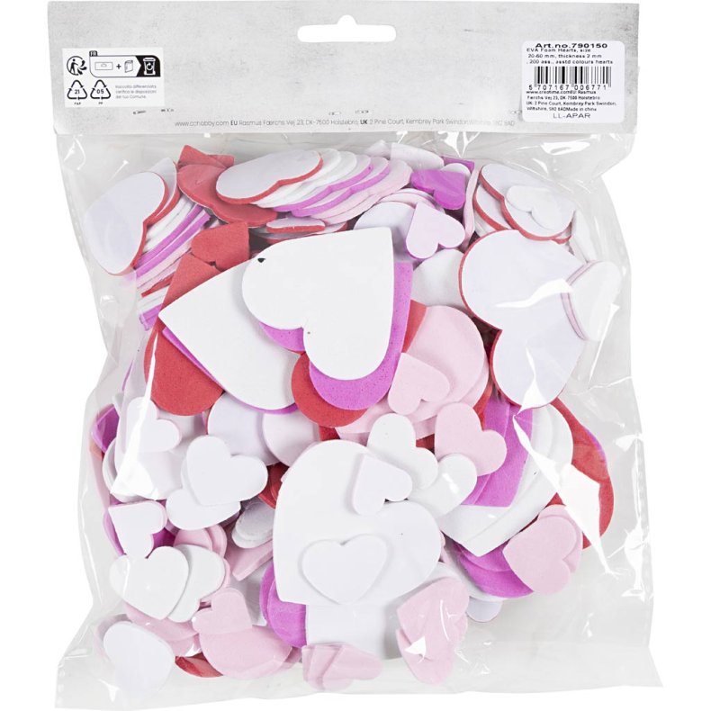 Mosgummi klisterm&aelig;rker, str. 20-50 mm, tykkelse 2 mm, hjerte, ass. farver, 200 stk./ 1 pk.