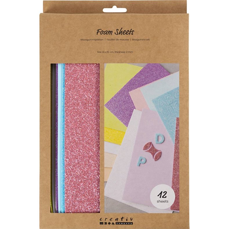 Mosgummi ark, str. 14x25 cm, tykkelse 2 mm, pastelfarver, 12 ark/ 1 pk.