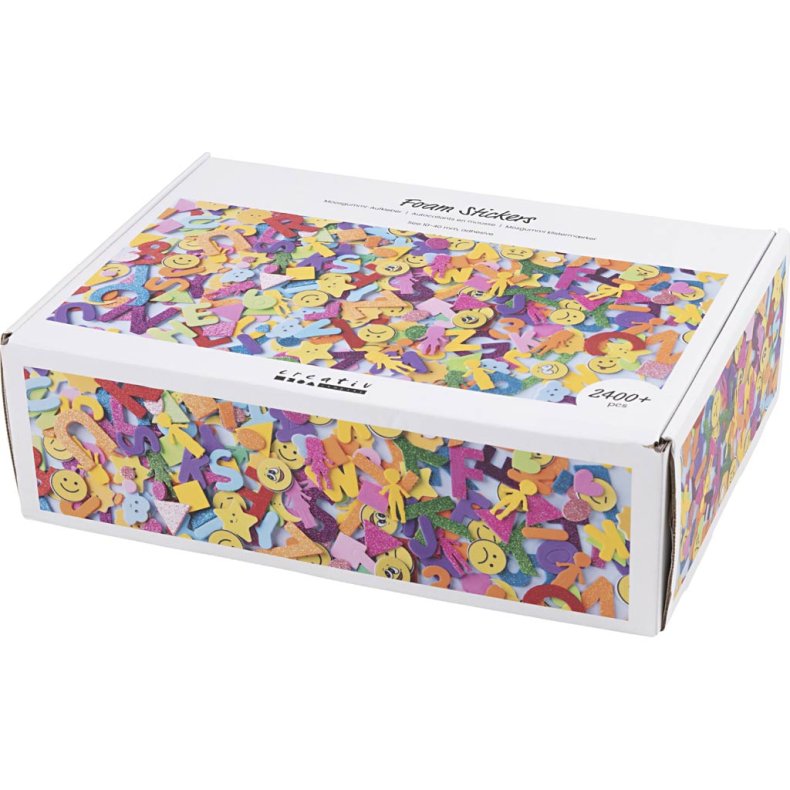 Mosgummi klisterm&aelig;rker, Emojis, geometriske figurer, bogstaver og tal, selvkl&aelig;bende, str. 10-40 mm, ca. 2460 ass., ass. farver, 2640 stk./ 1 pk.