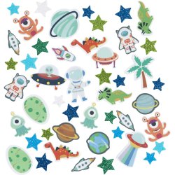 Mosgummi klisterm&aelig;rker, Stjerne, ufo, dinosaur, selvkl&aelig;bende, str. 13-40 mm, bl&aring;/gr&aring; harmoni, 150 stk./ 1 pk.