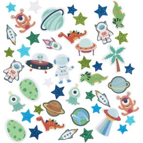 Mosgummi klisterm&aelig;rker, Stjerne, ufo, dinosaur, selvkl&aelig;bende, str. 13-40 mm, bl&aring;/gr&aring; harmoni, 150 stk./ 1 pk.