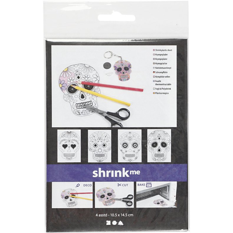 Krympeplast med motiver, kranier, ark 10,5x14,5 cm, tykkelse 0,3 mm, mat transparent, 4 ark/ 1 pk.