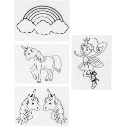 Krympeplast med motiver, enhj&oslash;rning, ark 10,5x14,5 cm, tykkelse 0,3 mm, mat transparent, 4 ark/ 1 pk.