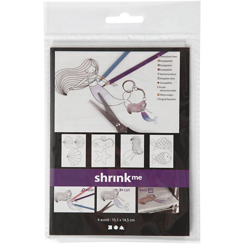 Krympeplast med motiver, havfrue, ark 10,5x14,5 cm, tykkelse 0,3 mm, mat transparent, 4 ark/ 1 pk.