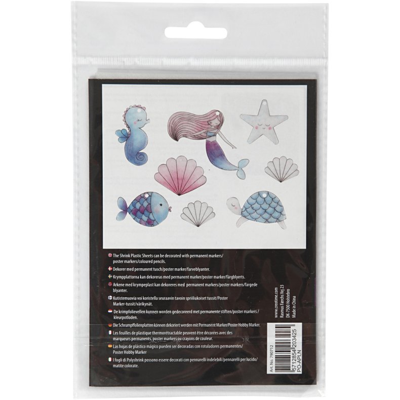 Krympeplast med motiver, havfrue, ark 10,5x14,5 cm, tykkelse 0,3 mm, mat transparent, 4 ark/ 1 pk.