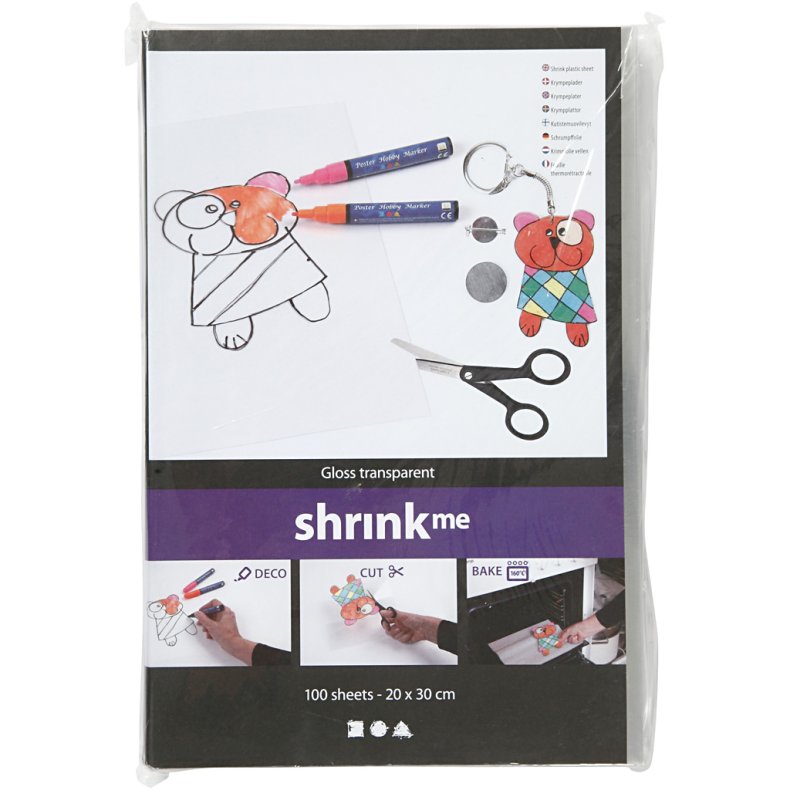 Krympeplast, ark 20x30 cm, tykkelse 0,3 mm, blank transparent, 100 ark/ 1 pk.