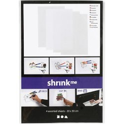 Krympeplast, ark 20x30 cm, tykkelse 0,3 mm, blank transparent, mat transparent, mat hvid, 4 ark/ 1 pk.