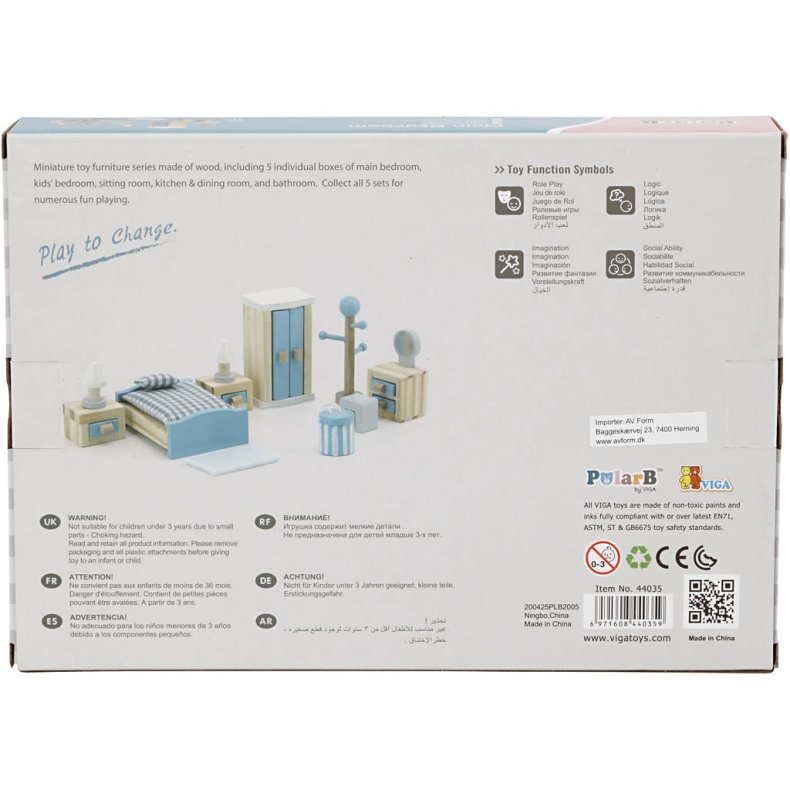 VIGA Dukkehus m&oslash;bler, sovev&aelig;relse, str. 2x2x7,5 cm, 8 dele/ 1 s&aelig;t