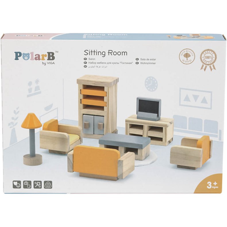 VIGA Dukkehus m&oslash;bler, stue, str. 2x2x7,5 cm, 8 dele/ 1 s&aelig;t