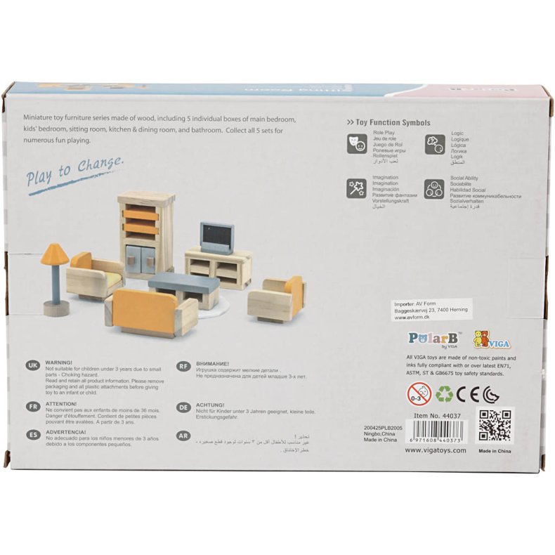 VIGA Dukkehus m&oslash;bler, stue, str. 2x2x7,5 cm, 8 dele/ 1 s&aelig;t