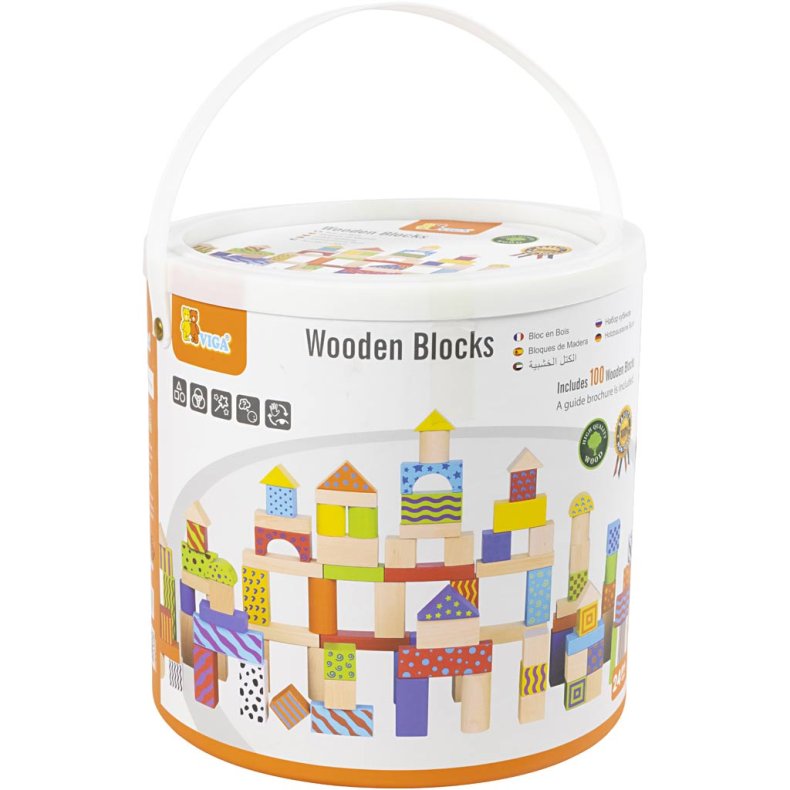 VIGA Tr&aelig;klodser med M&oslash;nster, str. 3 cm, ass. farver, 100 dele/ 1 s&aelig;t