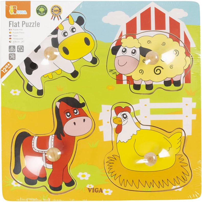 VIGA Tr&aelig;puslespil med knop, bondeg&aring;rdsdyr, str. 22x22 cm, 4 brikker, 1 stk.