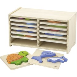 VIGA Puslespilsreol med 12 Blokpuslespil, H: 17,5 cm, L: 31,5, B: 16 cm, 2 brikker, 12 dele/ 1 s&aelig;t