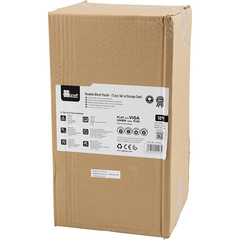 VIGA Puslespilsreol med 12 Blokpuslespil, H: 17,5 cm, L: 31,5, B: 16 cm, 2 brikker, 12 dele/ 1 s&aelig;t