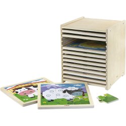 VIGA puslespilsreol med 12 puslespil, str. 23x27,5x23,5 cm, 12X9 brikker, 12 dele/ 1 s&aelig;t
